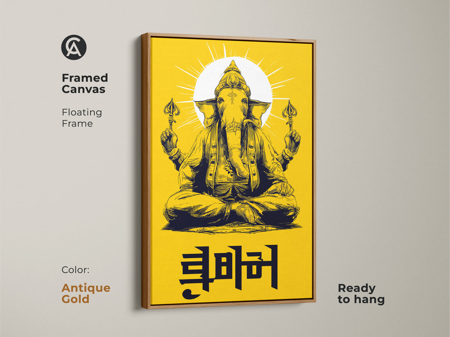 Framed Ganesha canvas in an antique gold floating frame. The yellow and black line art adds elegance to any room. Ready to hang this spiritual deity artwork creates a vibrant religious space. It is ideal as a housewarming gift.