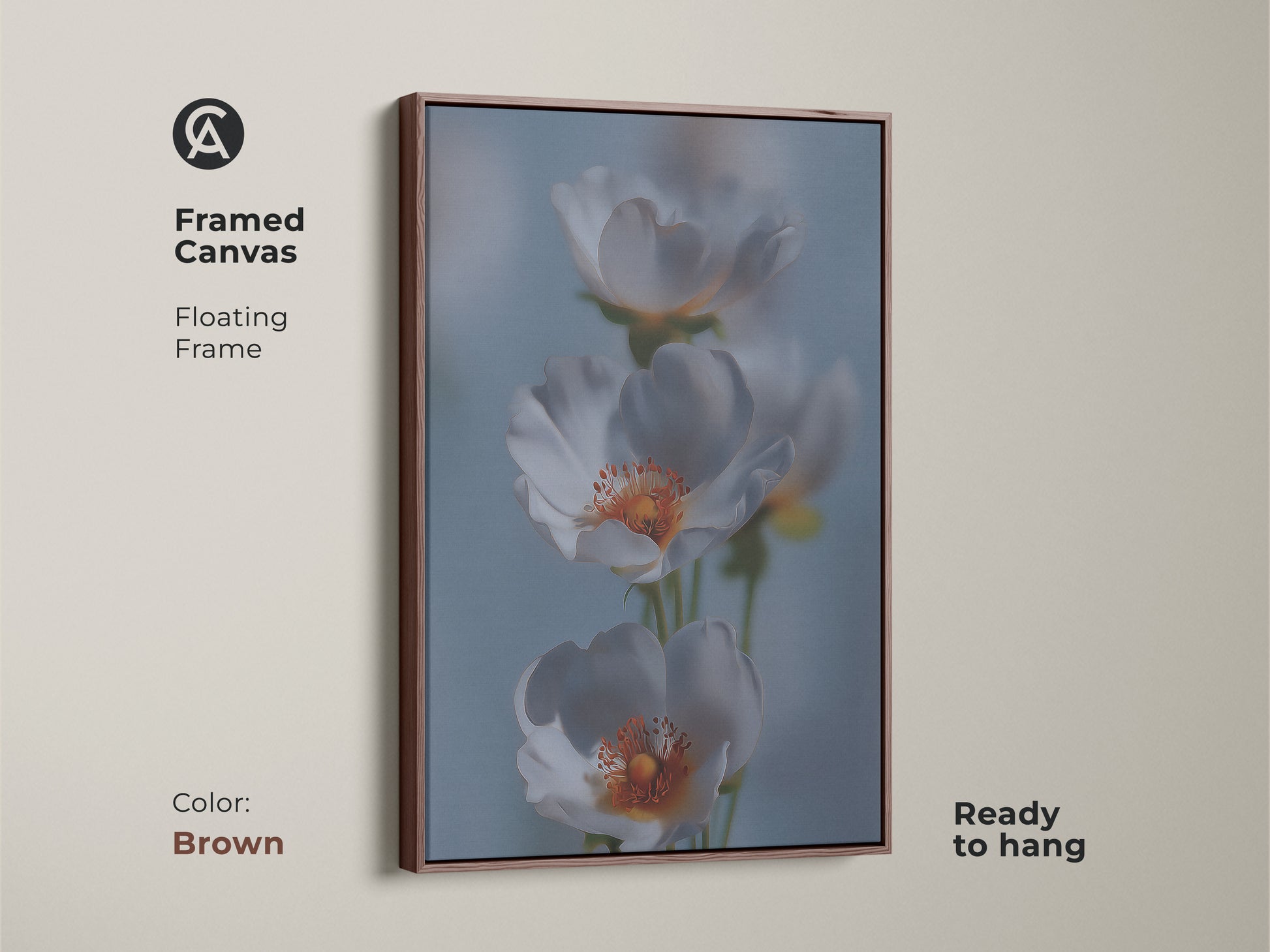 Framed canvas featuring delicate white flower artwork. This soft focus botanical art is in a brown floating frame. The light blue floral canvas is perfect for bedroom wall art. A gentle flower art print adds a serene feel. It's a beautiful housewarming gift for Scandinavian style homes.