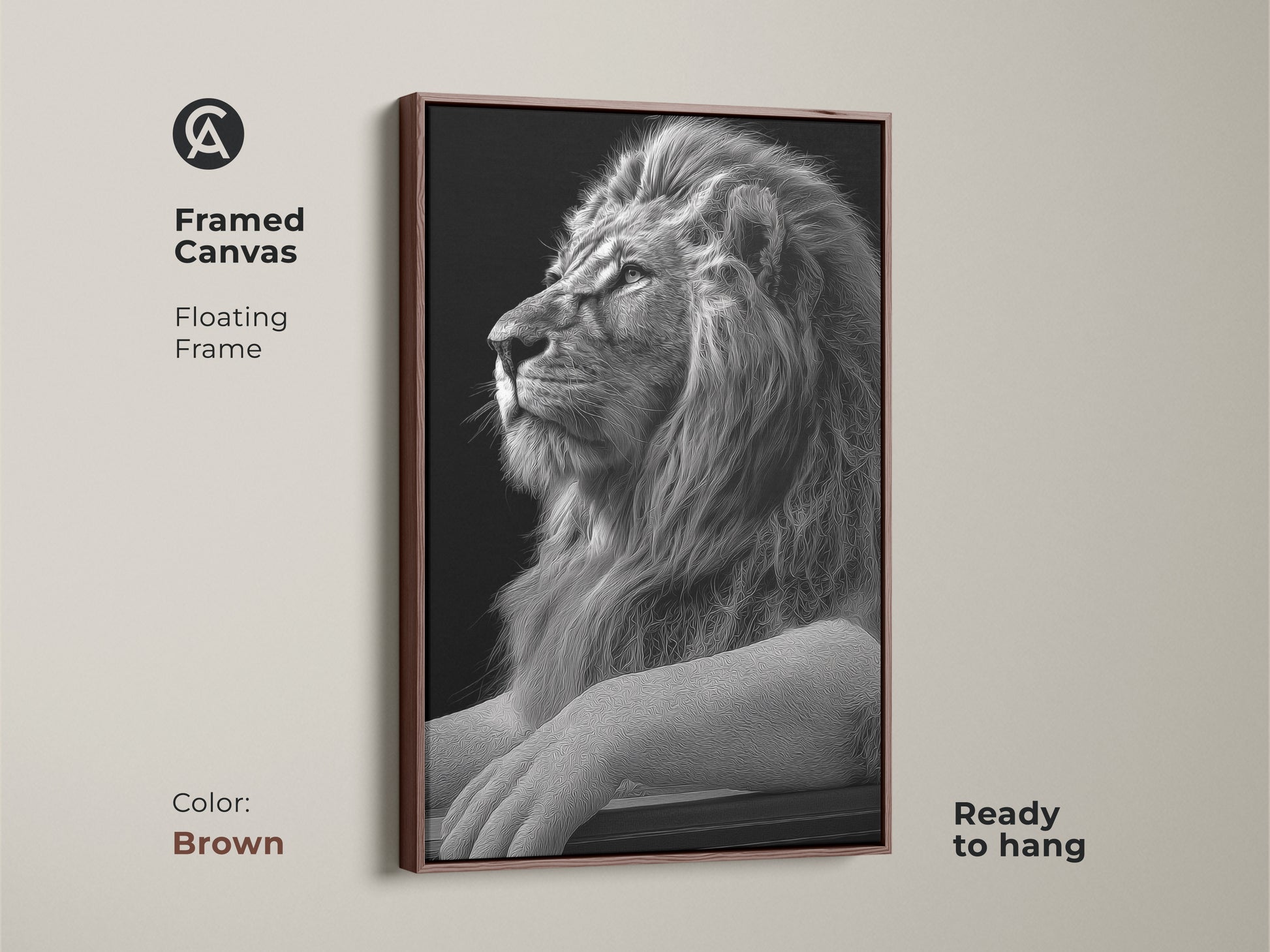 Framed monochrome lion canvas art with a brown floating frame. This animal canvas art adds a touch of regal elegance to any space. Ideal for home office wall decor and contemporary animal art.