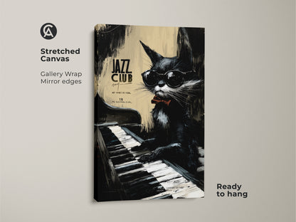 Stretched canvas showcasing a cool cat playing piano. This gallery-wrapped canvas features a jazz club cat with sunglasses and a bow tie. The mirror edges add depth to the artwork. Ready to hang and enjoy.