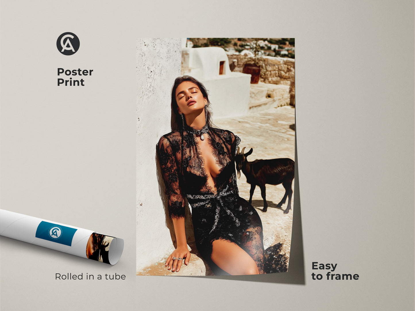 Poster print of a glamorous woman in black lace. This editorial fashion artwork features a goat. The poster is rolled in a tube and easy to frame. This eclectic home decor art is a unique fashion gift. The black white beige art enhances any space.
