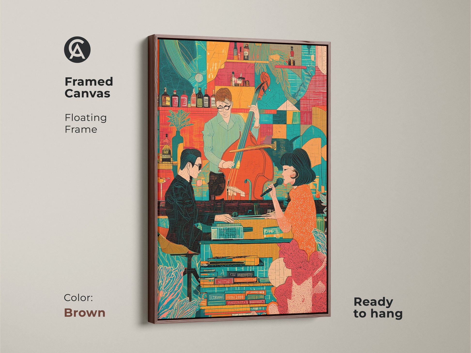 A framed canvas of a Mid-Century Modern Jazz Band in a floating brown frame. This retro singer and bassist artwork is ready to hang. The art adds an eclectic touch with its orange and teal colors. It is an ideal piece of home decor for music enthusiasts.