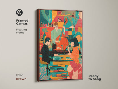 A framed canvas of a Mid-Century Modern Jazz Band in a floating brown frame. This retro singer and bassist artwork is ready to hang. The art adds an eclectic touch with its orange and teal colors. It is an ideal piece of home decor for music enthusiasts.