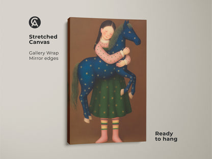Close-up captures the magical essence of a girl with her horse. This children's fantasy art print uses blue and gold colors to create a dreamy scene. Ideal kids room animal print for horse lovers wall art.