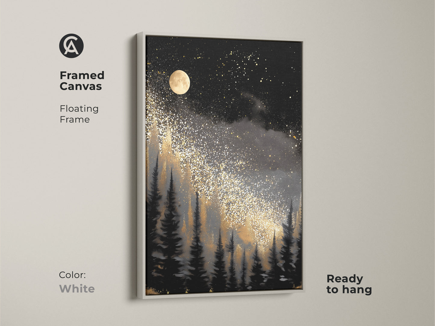 Check out the framed canvas featuring abstract night sky art with a white floating frame. The nature space print brings a modern touch to any room. The galaxy night sky art is ready to hang.
