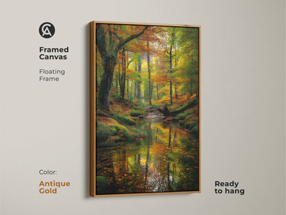 Framed canvas artwork depicting a peaceful forest stream. The antique gold floating frame adds a touch of vintage charm. This ready-to-hang wall art brings natural beauty to your space. The autumn colors and reflective water create a calming ambiance. Ideal for any room.