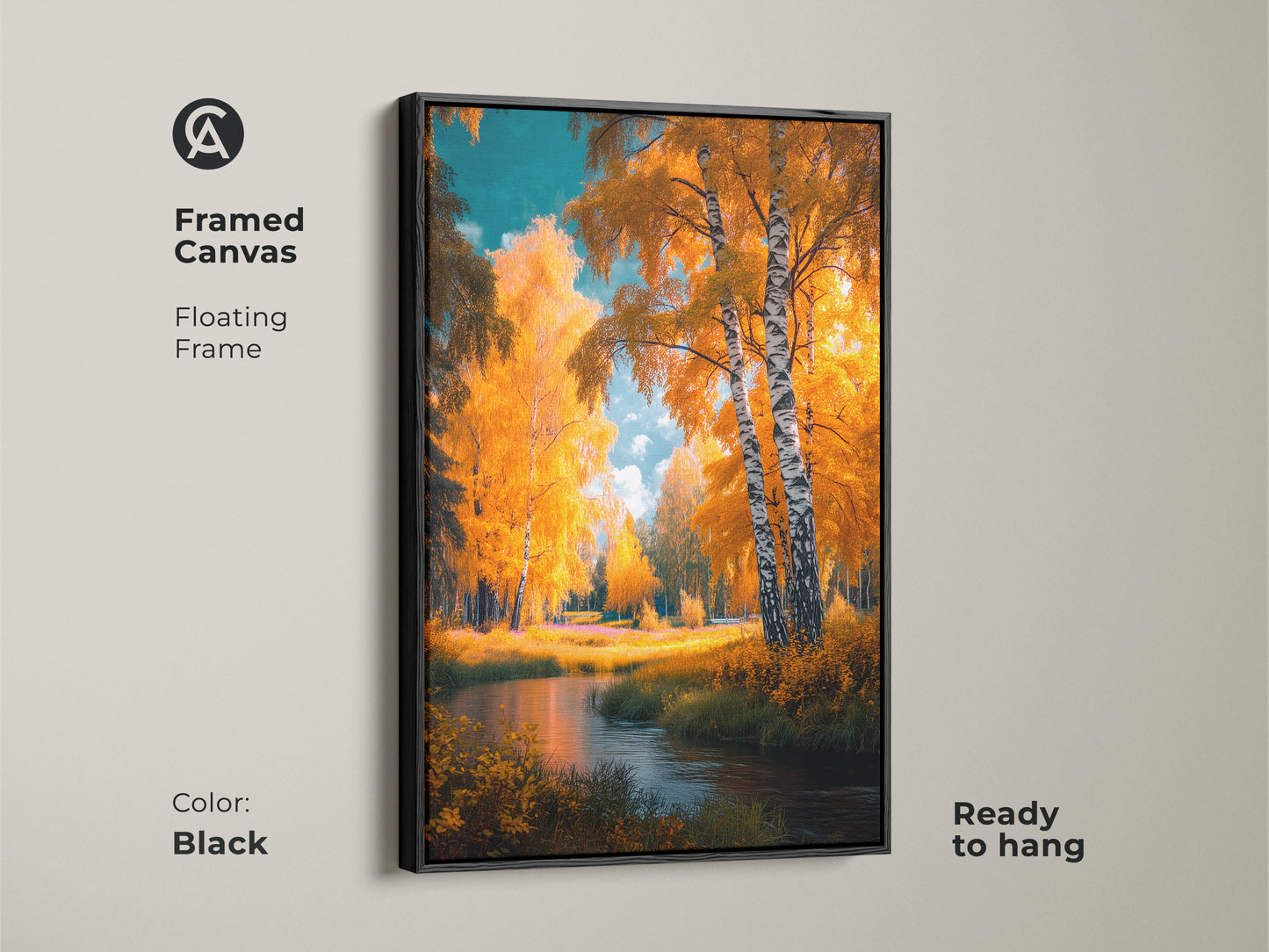 Framed canvas art with a black floating frame. This ready-to-hang artwork features birch trees and a tranquil river. The golden autumn colors bring warmth to any room. Enhance your home decor with this serene landscape art. A perfect gift for nature lovers.