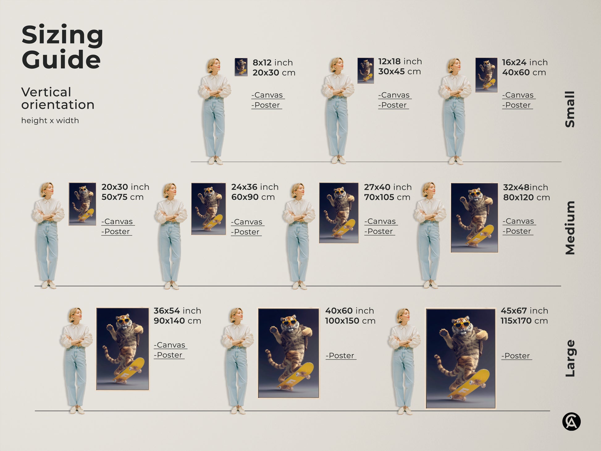 Sizing guide for skater tiger wall art. The height and width of the canvas and poster are shown. Various sizes from small to large are displayed. Find the perfect size art for your space.