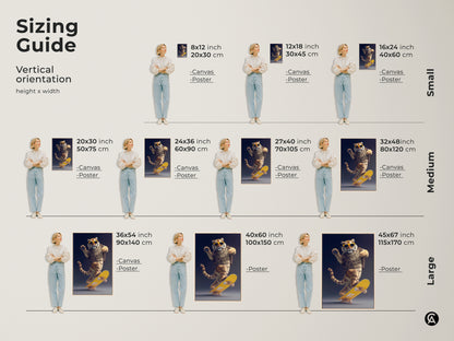 Sizing guide for skater tiger wall art. The height and width of the canvas and poster are shown. Various sizes from small to large are displayed. Find the perfect size art for your space.