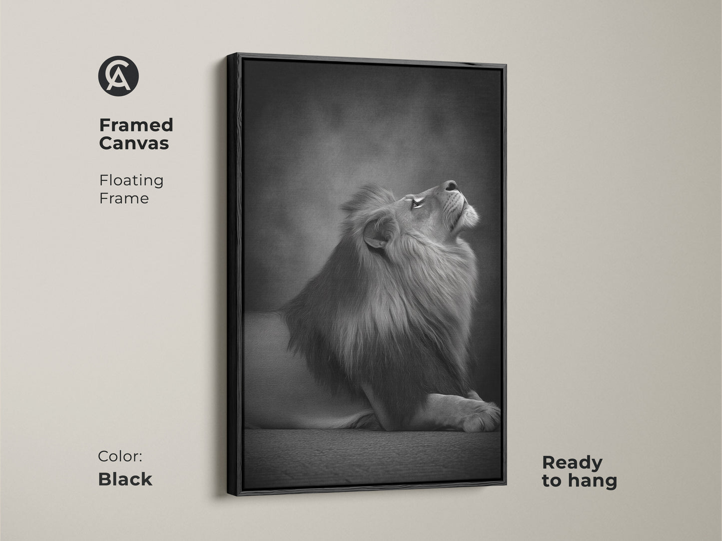 Framed canvas featuring a photorealistic lion in a black floating frame. This monochrome animal artwork is ready to hang. A contemporary lion artwork for bedroom or office decor. Elegant animal art print.