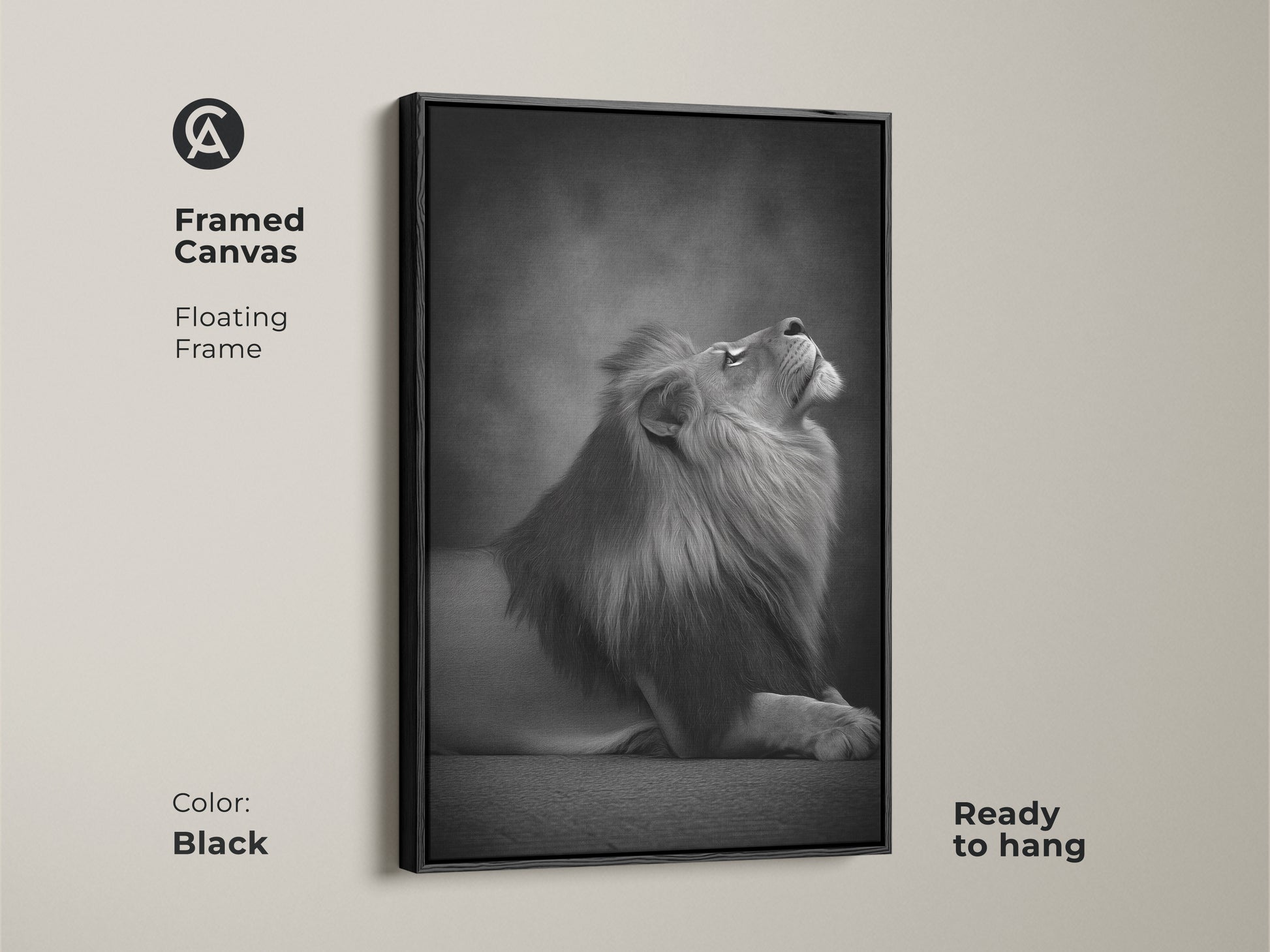Framed canvas featuring a photorealistic lion in a black floating frame. This monochrome animal artwork is ready to hang. A contemporary lion artwork for bedroom or office decor. Elegant animal art print.
