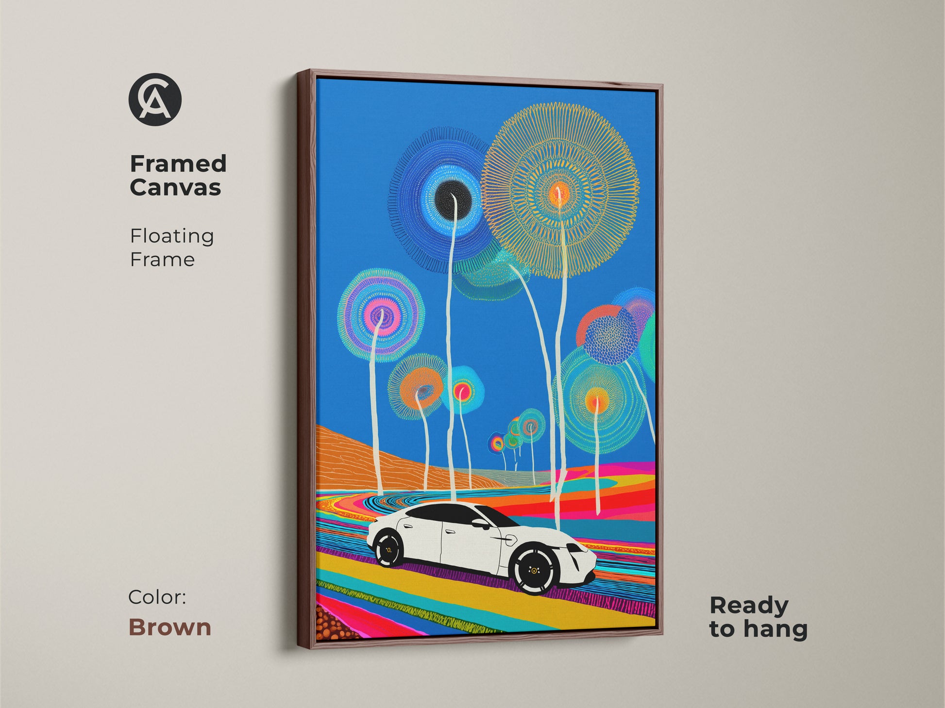A framed canvas with a brown floating frame displays contemporary abstract art.  A sleek electric car drives on a vibrant road. This modern blue yellow orange art is ready to hang. Perfect for eclectic home decor or a unique gift.