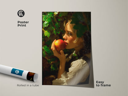 Poster print of a woman with apple in a classical realism style. Easy to frame this traditional artwork features red gold and green hues. This fine art reproduction is perfect for adding a vintage touch to your decor.