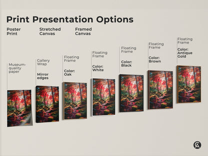 Explore print presentation options for forest landscape artwork. Choose from poster prints stretched canvas and framed canvas. Customize with floating frames in black brown antique gold or white. Find the perfect style.
