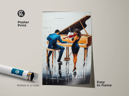 This poster print displays abstract piano art. The artwork shows a couple playing the violin. The piece is easy to frame. Rolled in a tube this print adds contemporary music decor to any space.
