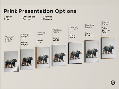 Print presentation options for bear double exposure wall art. Options include poster print stretched canvas and framed canvas. Choose from museum quality paper or gallery wrap. Floating frames are available in oak white black brown and antique gold.