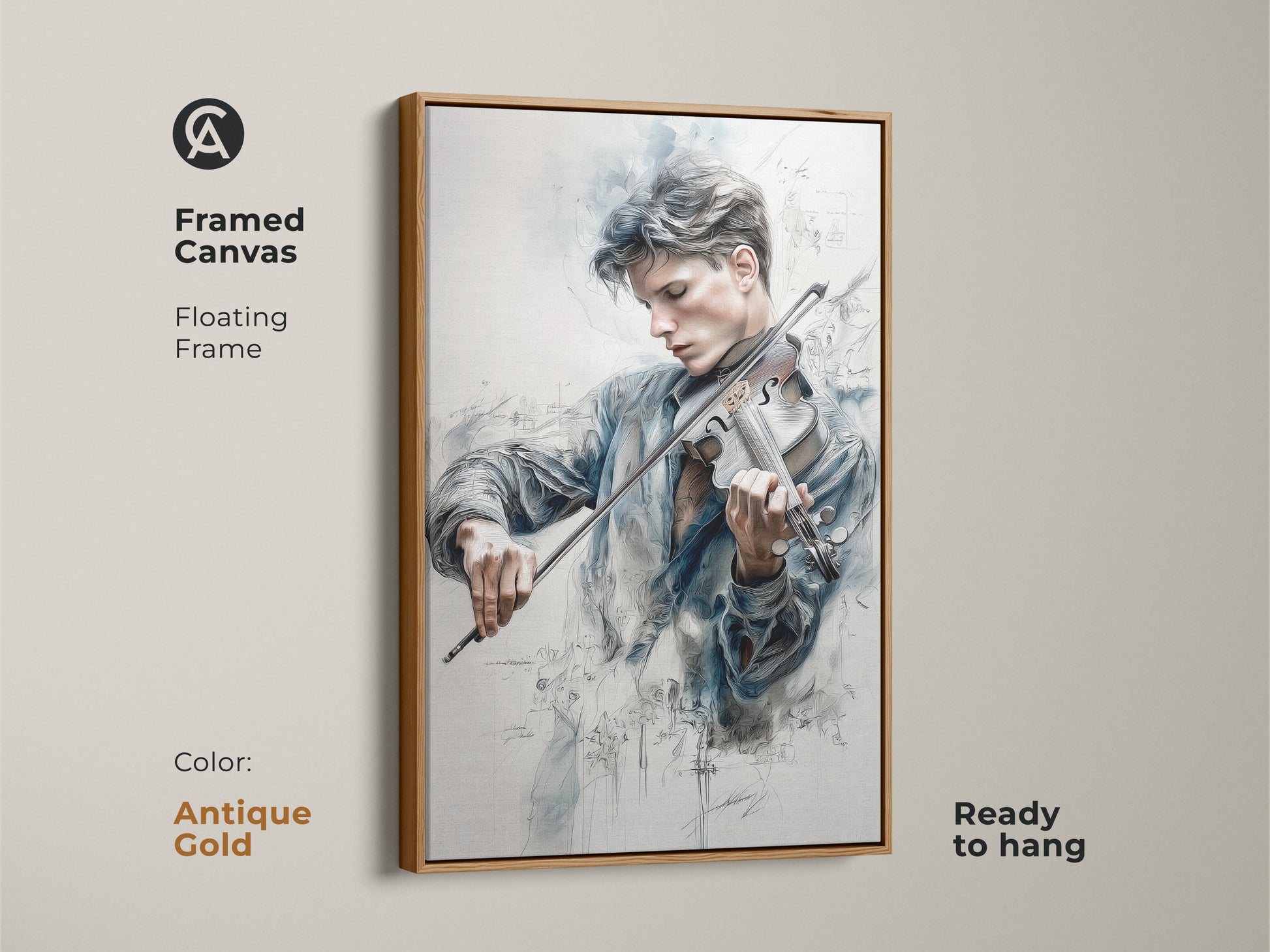 Framed canvas art showing a young violinist in a floating frame. The antique gold frame gives a vintage touch. Musical notes surround the musician adding to the art's allure. This ready-to-hang canvas is a timeless addition to your space.