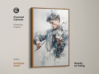Framed canvas art showing a young violinist in a floating frame. The antique gold frame gives a vintage touch. Musical notes surround the musician adding to the art's allure. This ready-to-hang canvas is a timeless addition to your space.