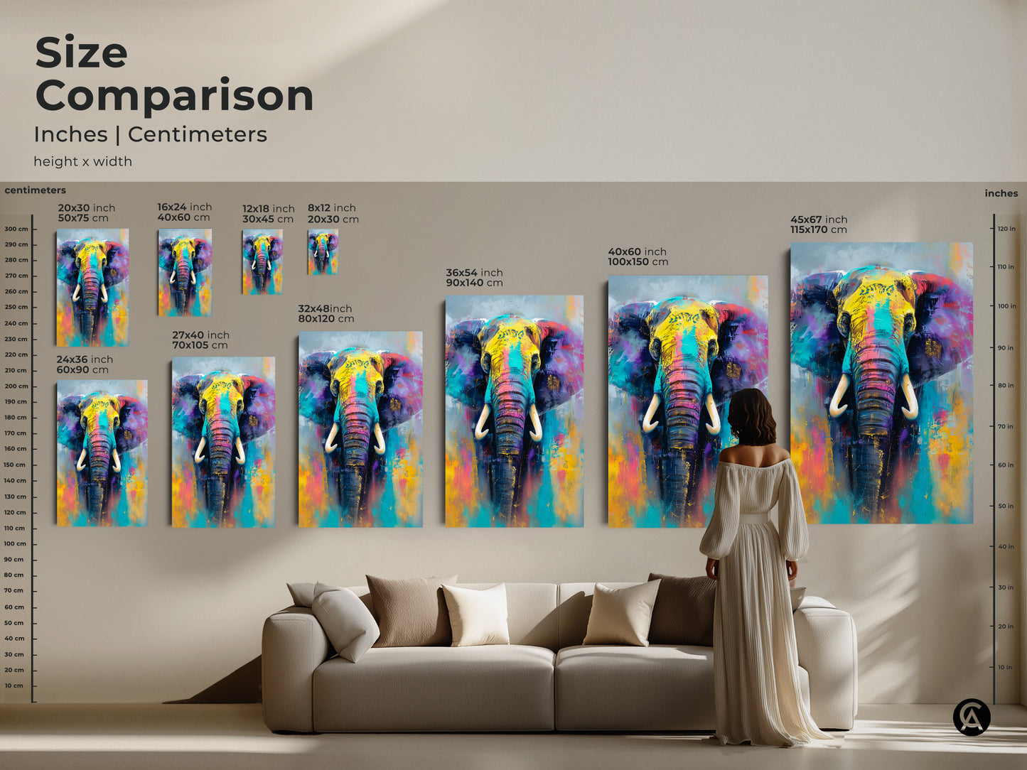 Size comparison of the colorful elephant artwork in inches and centimeters. Visualize how this vibrant piece will look in your home. Perfect for adding a touch of wildlife and art to your living space.