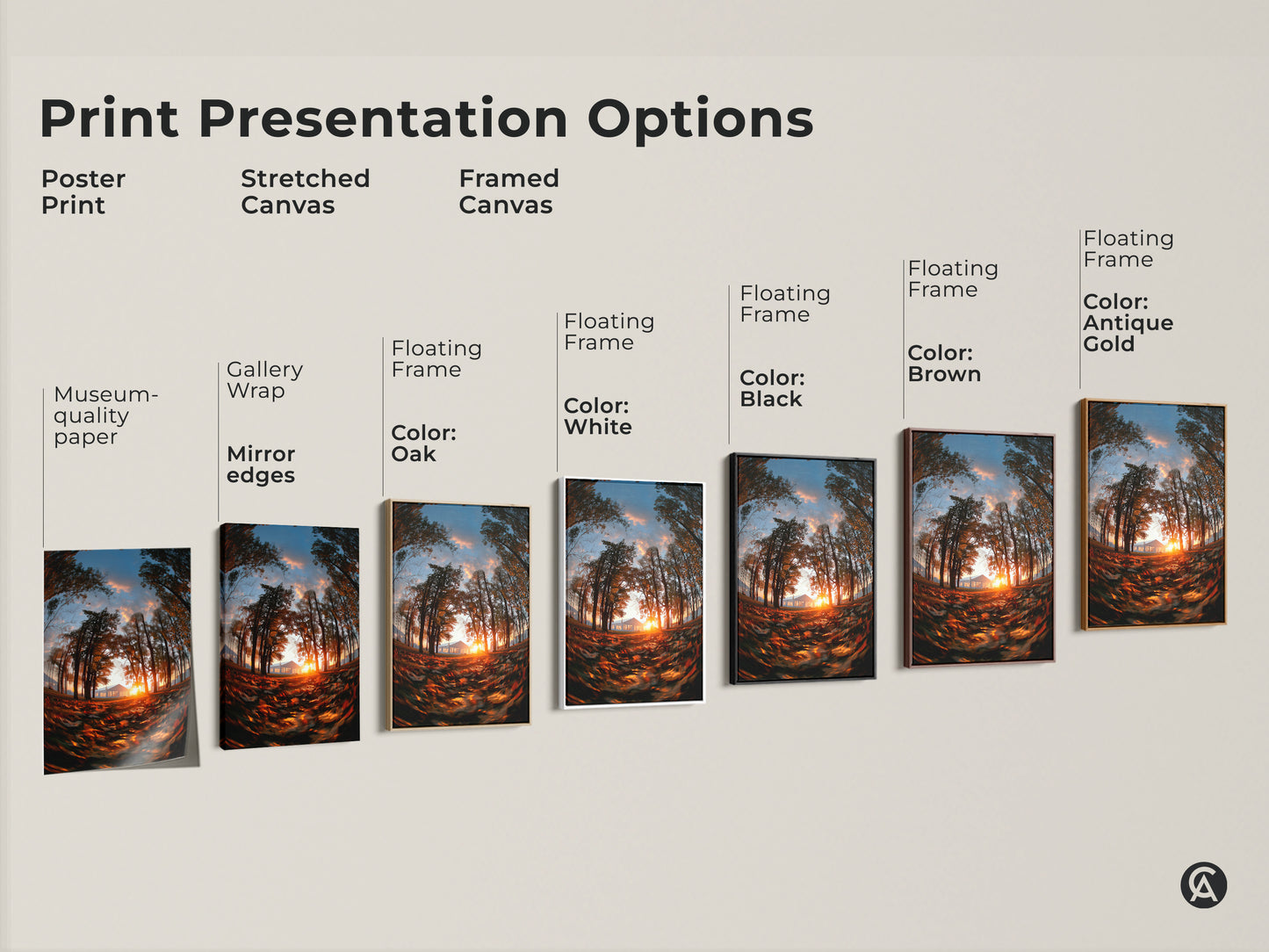 Print presentation options including poster prints stretched canvas and framed canvas. Choose from museum-quality paper gallery wrap or floating frames in various colors. Find the perfect option to display your artwork.
