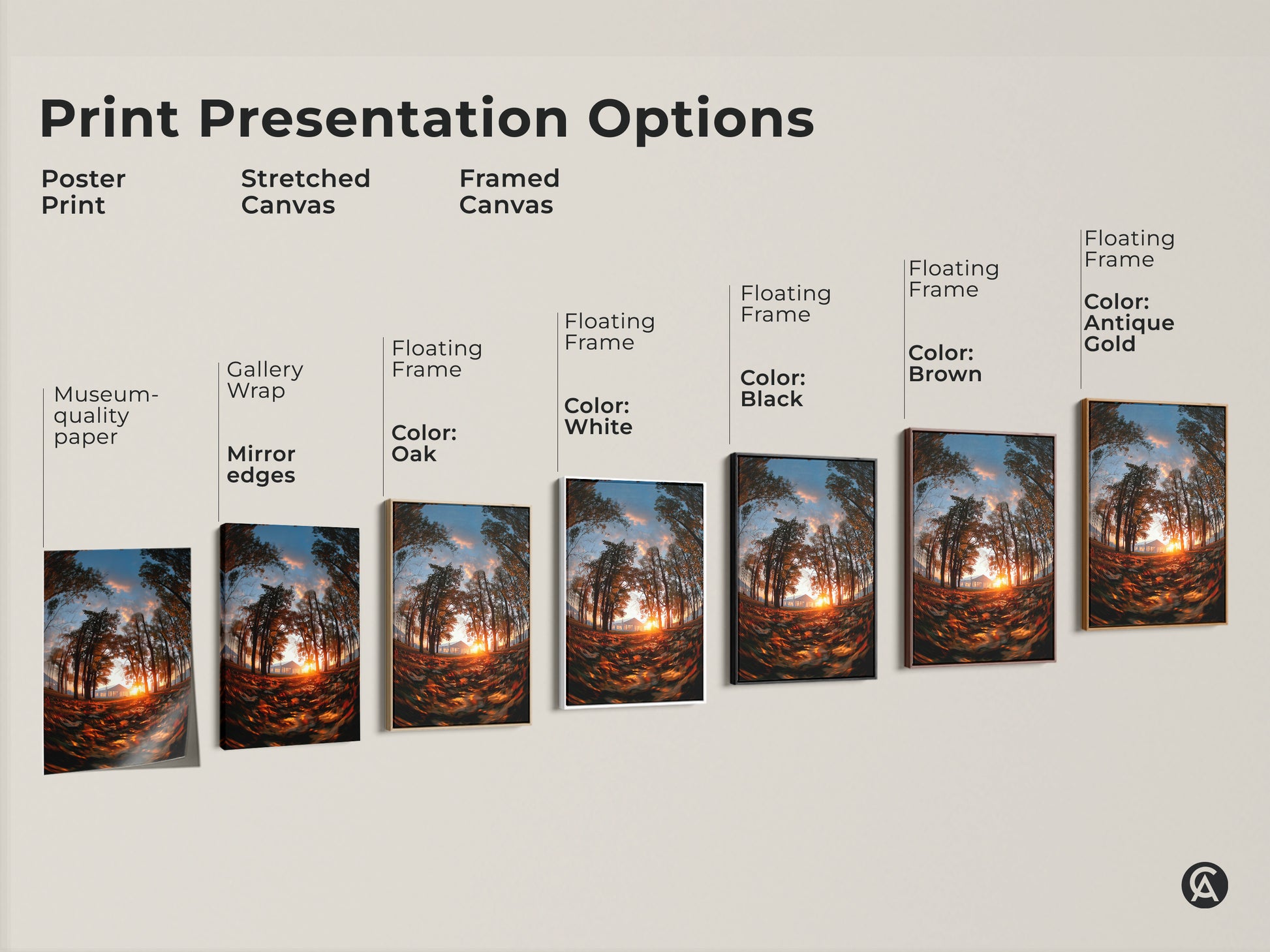 Print presentation options including poster prints stretched canvas and framed canvas. Choose from museum-quality paper gallery wrap or floating frames in various colors. Find the perfect option to display your artwork.