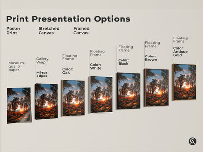 Print presentation options including poster prints stretched canvas and framed canvas. Choose from museum-quality paper gallery wrap or floating frames in various colors. Find the perfect option to display your artwork.