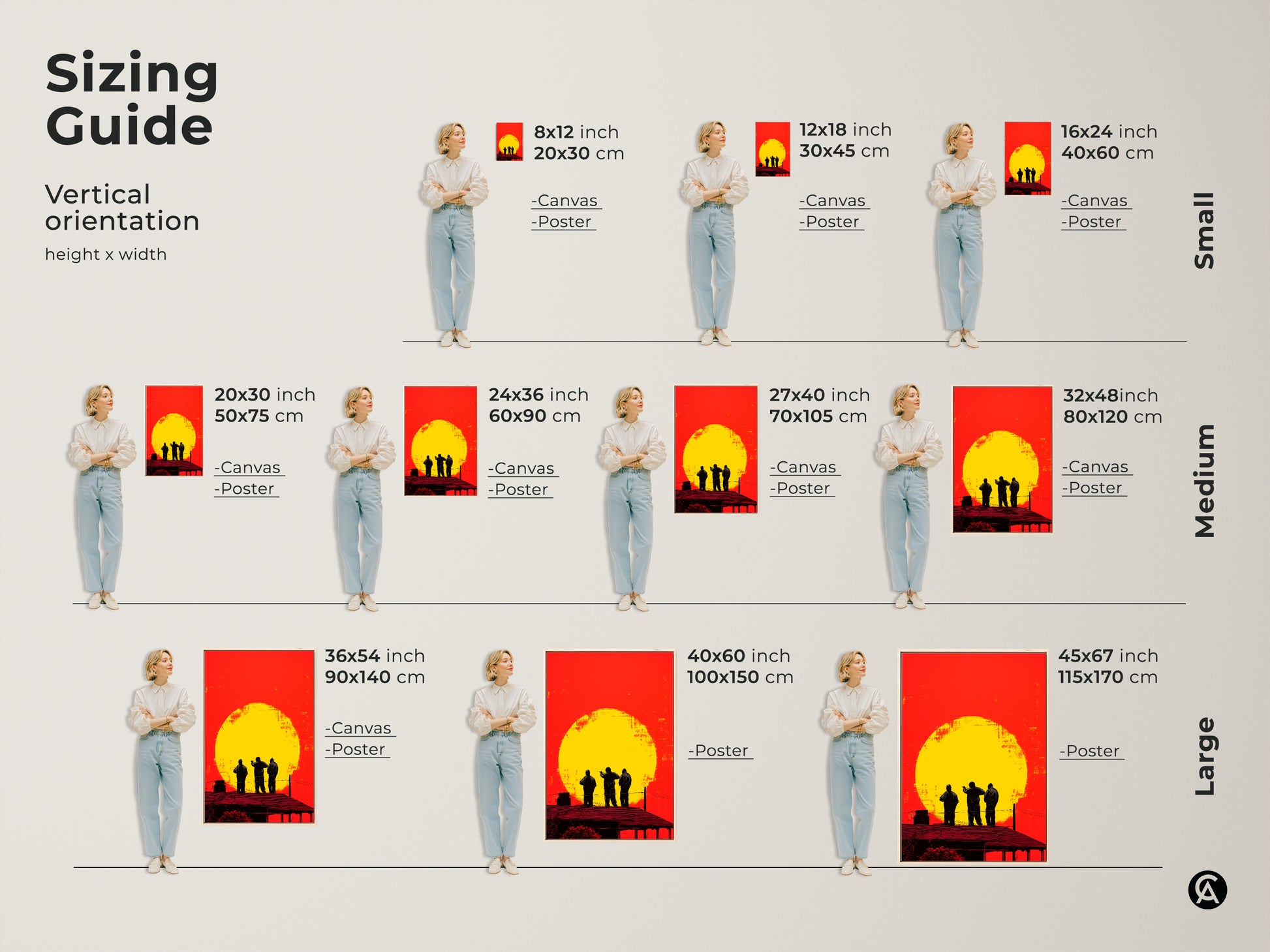 Sizing guide for the vertical orientation of the urban rooftop figures art print. Available in small medium and large sizes. Perfect retro pop art canvas for any space.