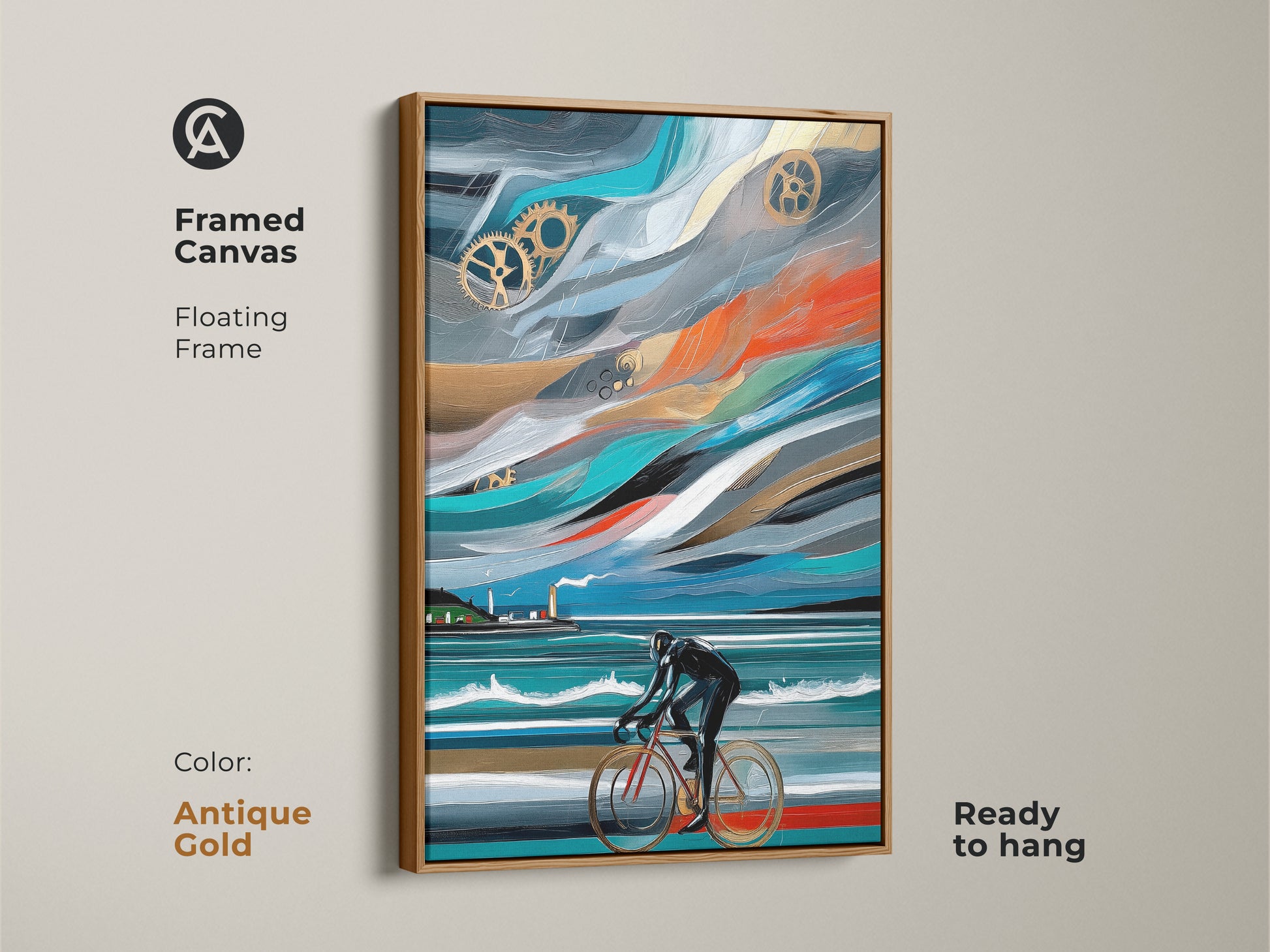 Framed canvas with floating frame in antique gold. Abstract cyclist artwork featuring industrial gears. The art is ready to hang. The cyclist is in motion in a blue orange and teal color. The artwork provides a motivational aesthetic.