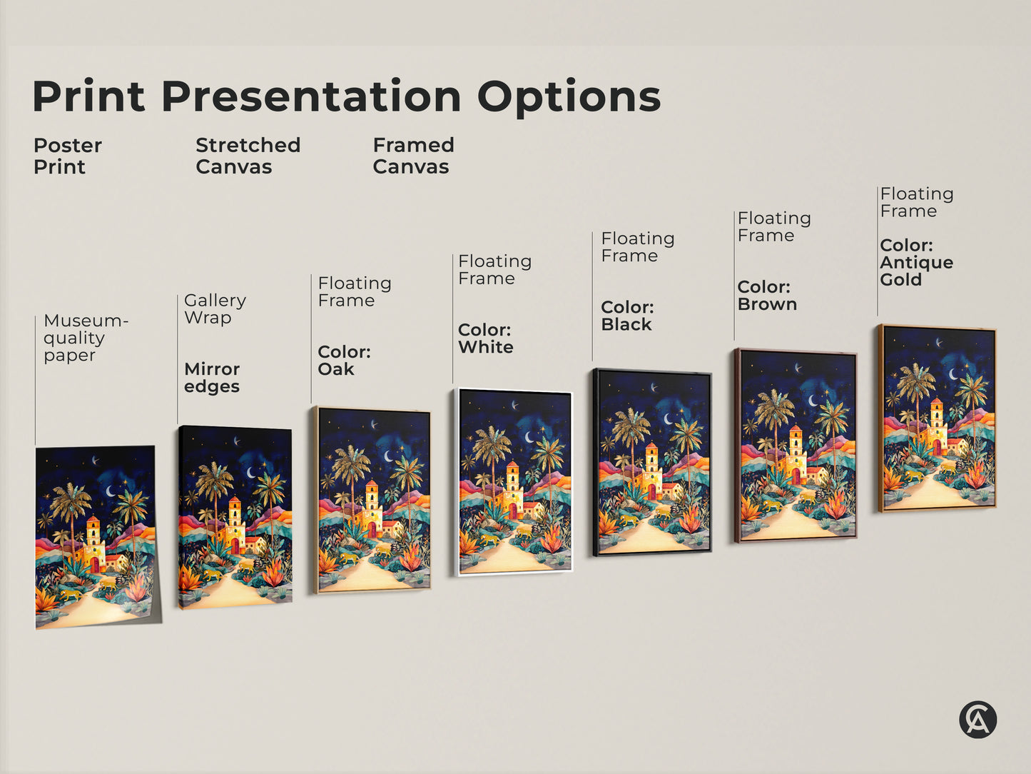 A print presentation option shows poster prints stretched and framed canvas. The floating frame comes in black brown oak white and antique gold. Cheetah palm tree artwork is ready to hang. Great museum quality art for interior home design. Perfect gift for wildlife and nature enthusiasts.