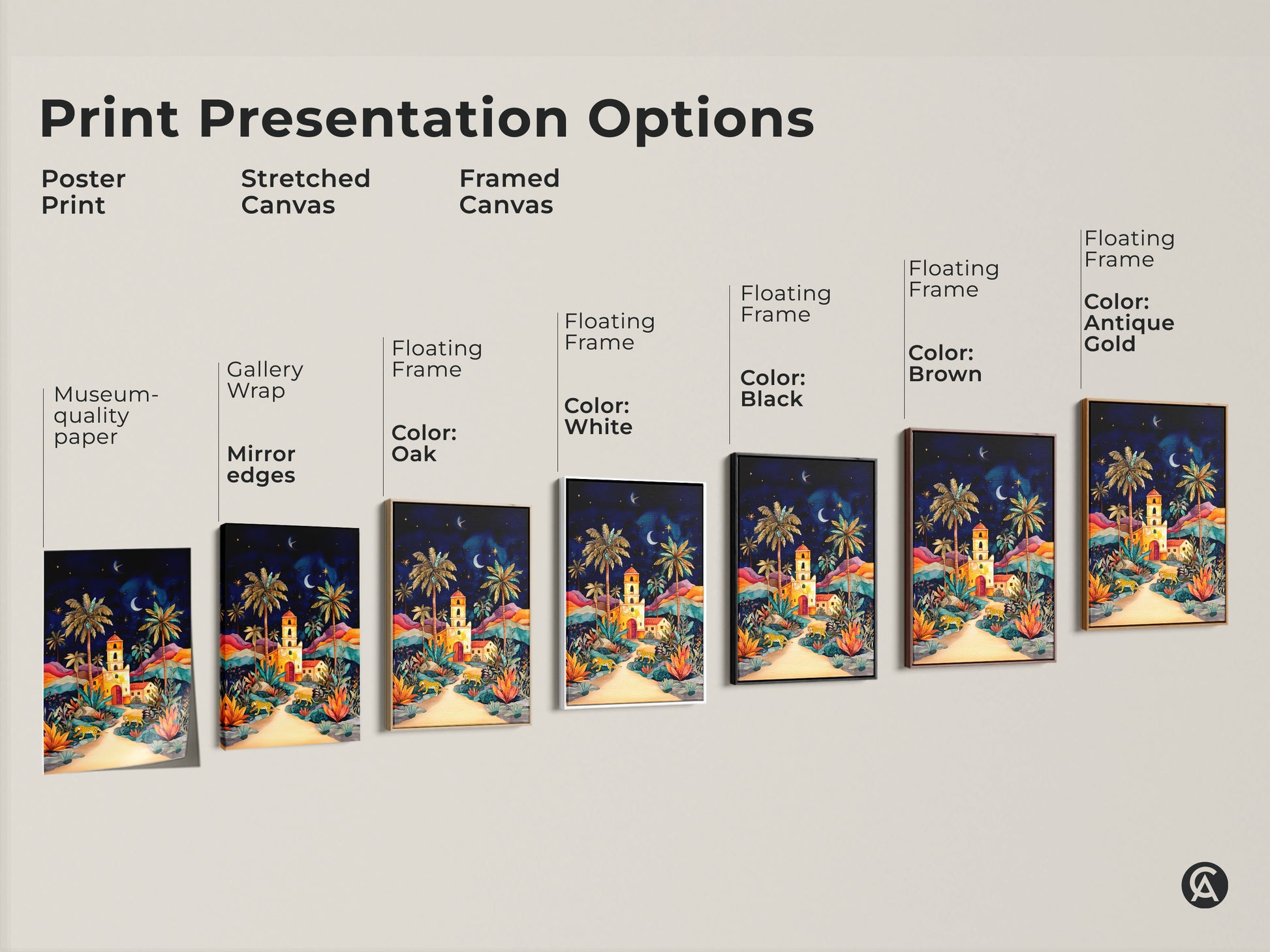 A print presentation option shows poster prints stretched and framed canvas. The floating frame comes in black brown oak white and antique gold. Cheetah palm tree artwork is ready to hang. Great museum quality art for interior home design. Perfect gift for wildlife and nature enthusiasts.