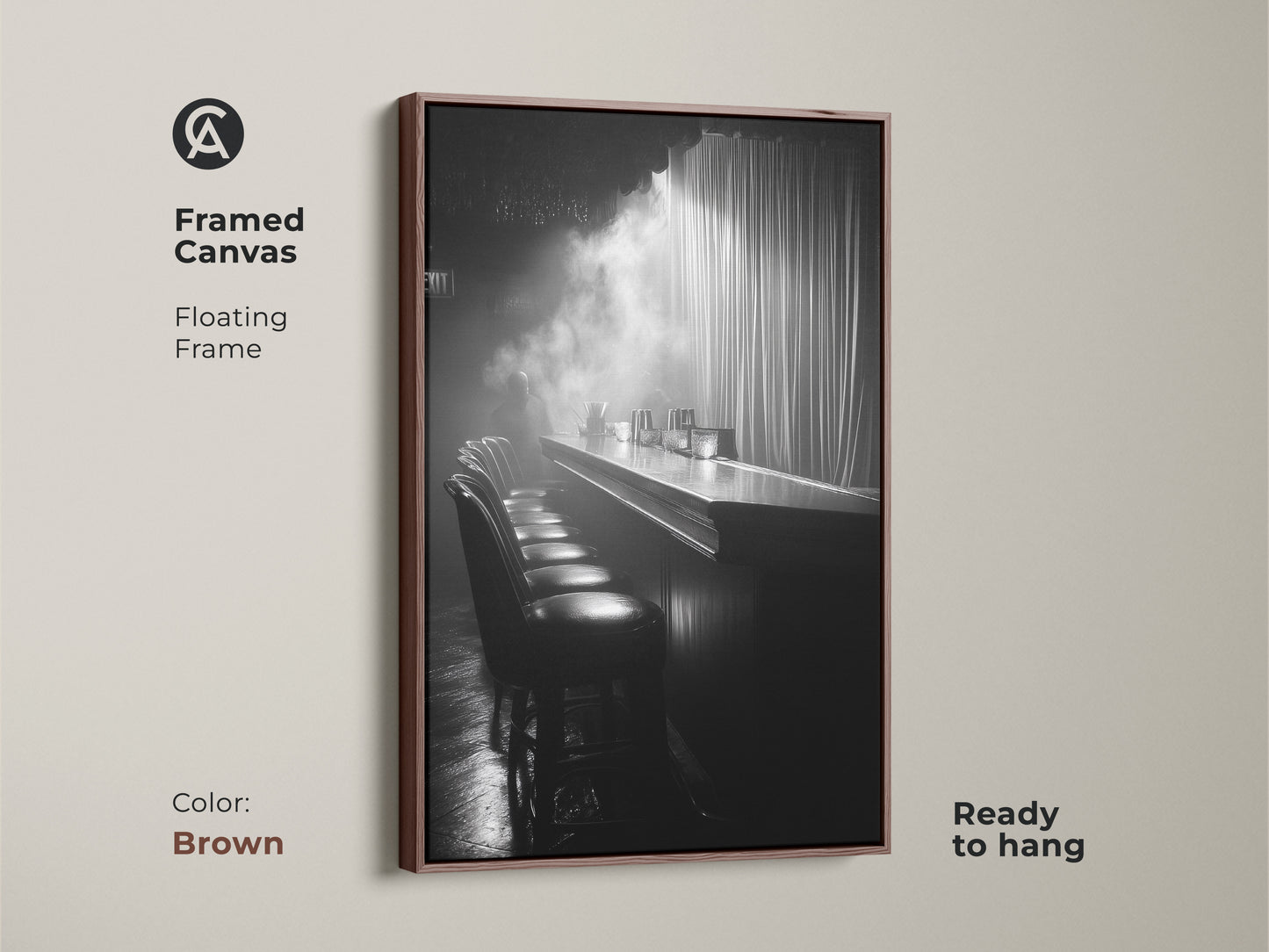 Framed canvas print of a monochrome bar. This floating frame is brown and ready to hang. The cinematic scene offers industrial decor. It's a black and white artwork for a lounge. This is perfect for home bar art.