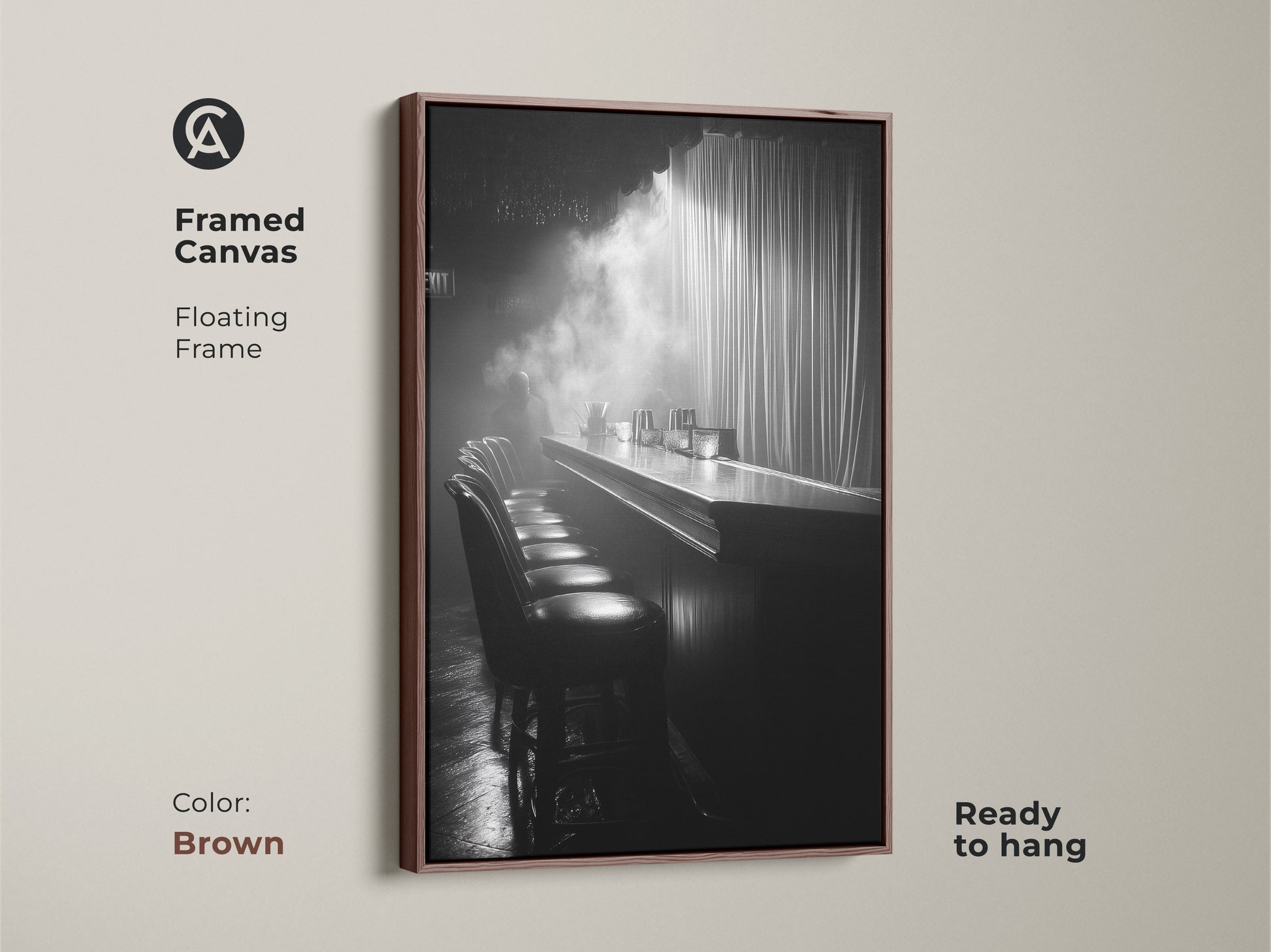 Framed canvas print of a monochrome bar. This floating frame is brown and ready to hang. The cinematic scene offers industrial decor. It's a black and white artwork for a lounge. This is perfect for home bar art.
