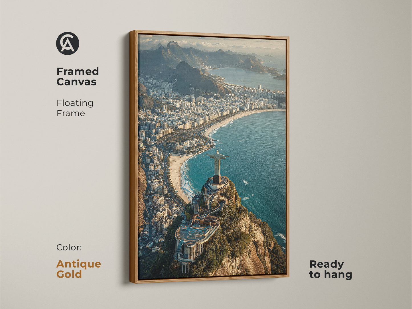 Framed canvas with an antique gold floating frame of Christ the Redeemer. Featuring an aerial cityscape this blue green teal wall decor is ready to hang. This artwork is a perfect South America travel gift. It is ideal for enhancing any residential space with contemporary art and coastal charm.