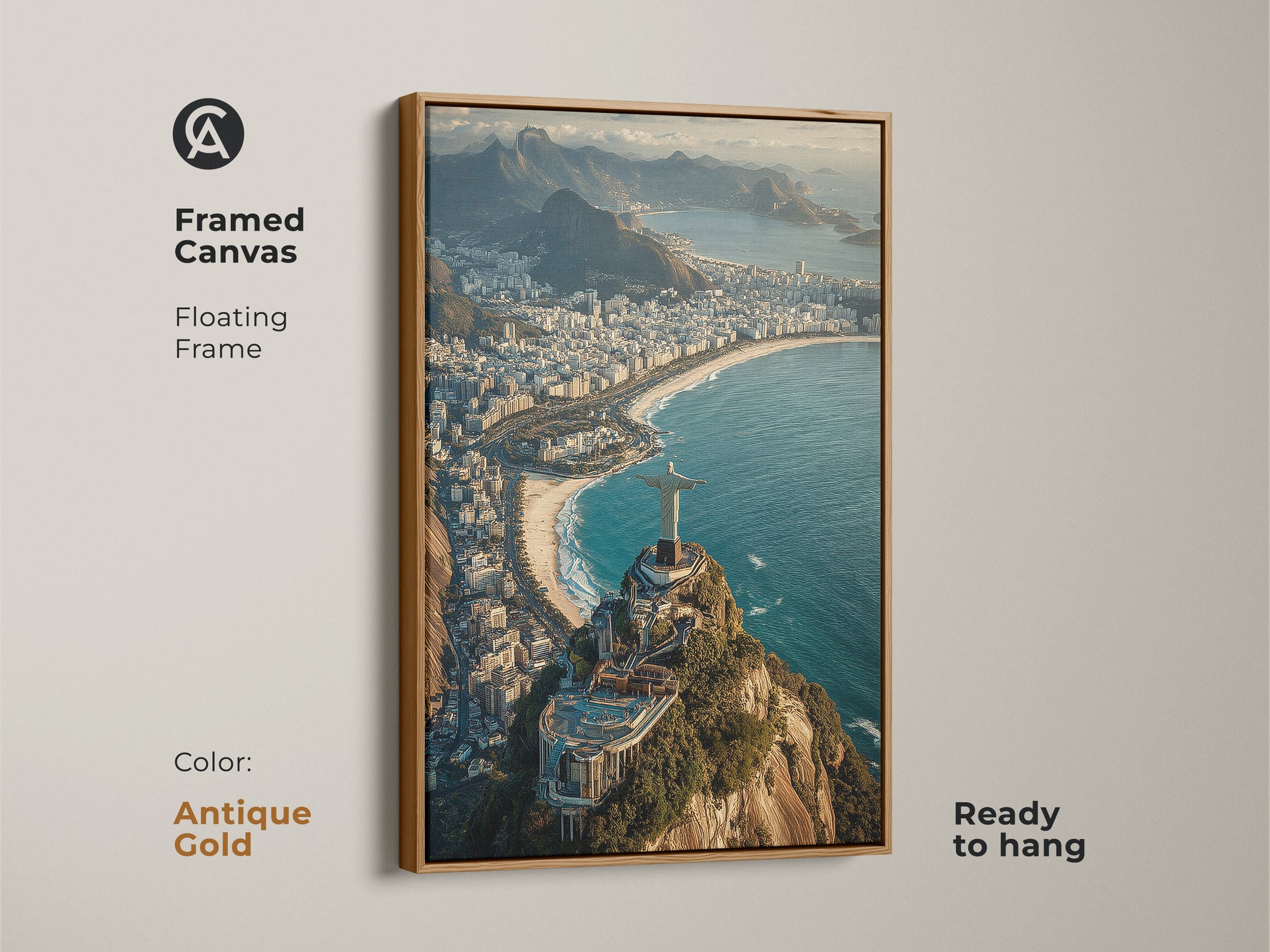 Framed canvas with an antique gold floating frame of Christ the Redeemer. Featuring an aerial cityscape this blue green teal wall decor is ready to hang. This artwork is a perfect South America travel gift. It is ideal for enhancing any residential space with contemporary art and coastal charm.