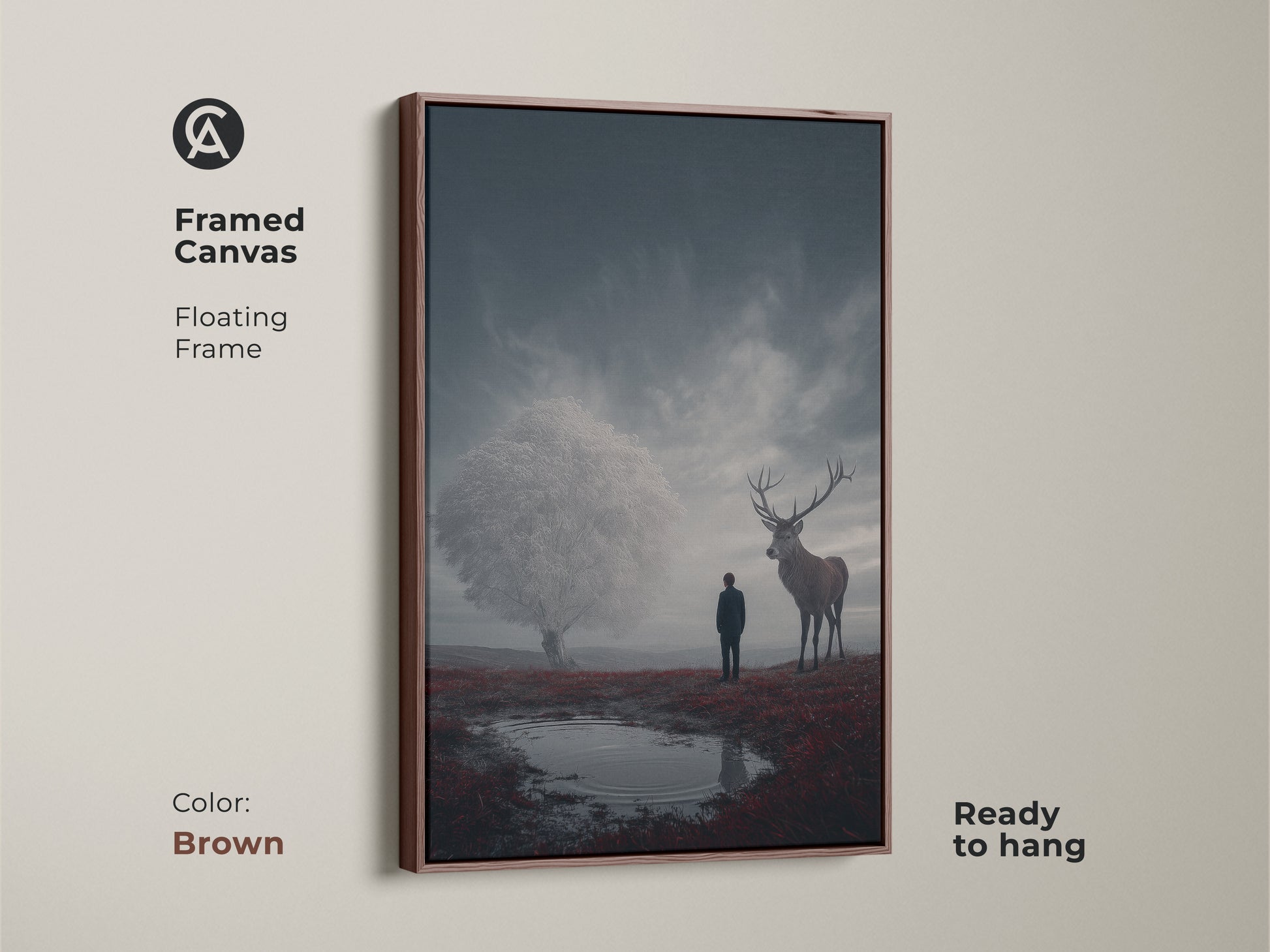 This framed canvas shows deep blue and crimson surreal art. A deer and figure in a fantasy landscape canvas art. Eclectic bedroom wall art decor makes a great housewarming gift. This brown frame canvas is ready to hang.