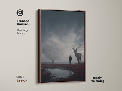 This framed canvas shows deep blue and crimson surreal art. A deer and figure in a fantasy landscape canvas art. Eclectic bedroom wall art decor makes a great housewarming gift. This brown frame canvas is ready to hang.