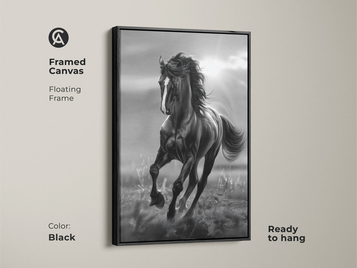 A framed canvas featuring a black and white horse in motion. The horse artwork is ready to hang. It features a sleek black floating frame. This elegant piece of animal art adds a sophisticated touch to your wall decor.