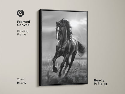 A framed canvas featuring a black and white horse in motion. The horse artwork is ready to hang. It features a sleek black floating frame. This elegant piece of animal art adds a sophisticated touch to your wall decor.