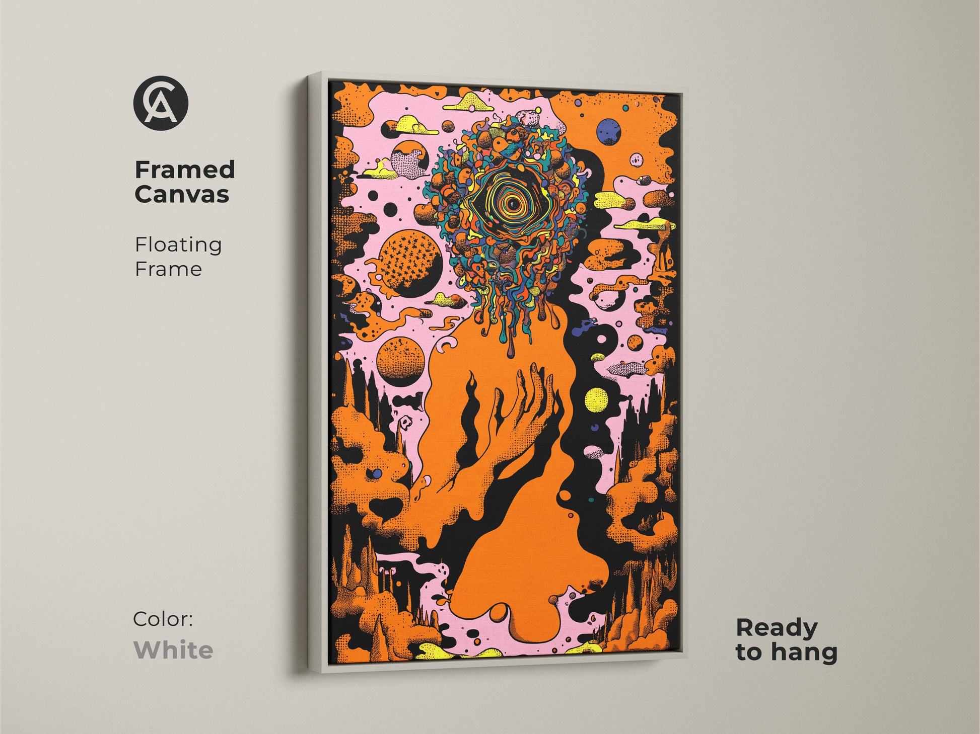 Framed canvas presenting abstract head art with a prominent orange eye. The surrealism-inspired piece is framed in white. Perfect for adding a modern touch to any space. This unique art gift is sure to captivate art enthusiasts and enhance any art collection.