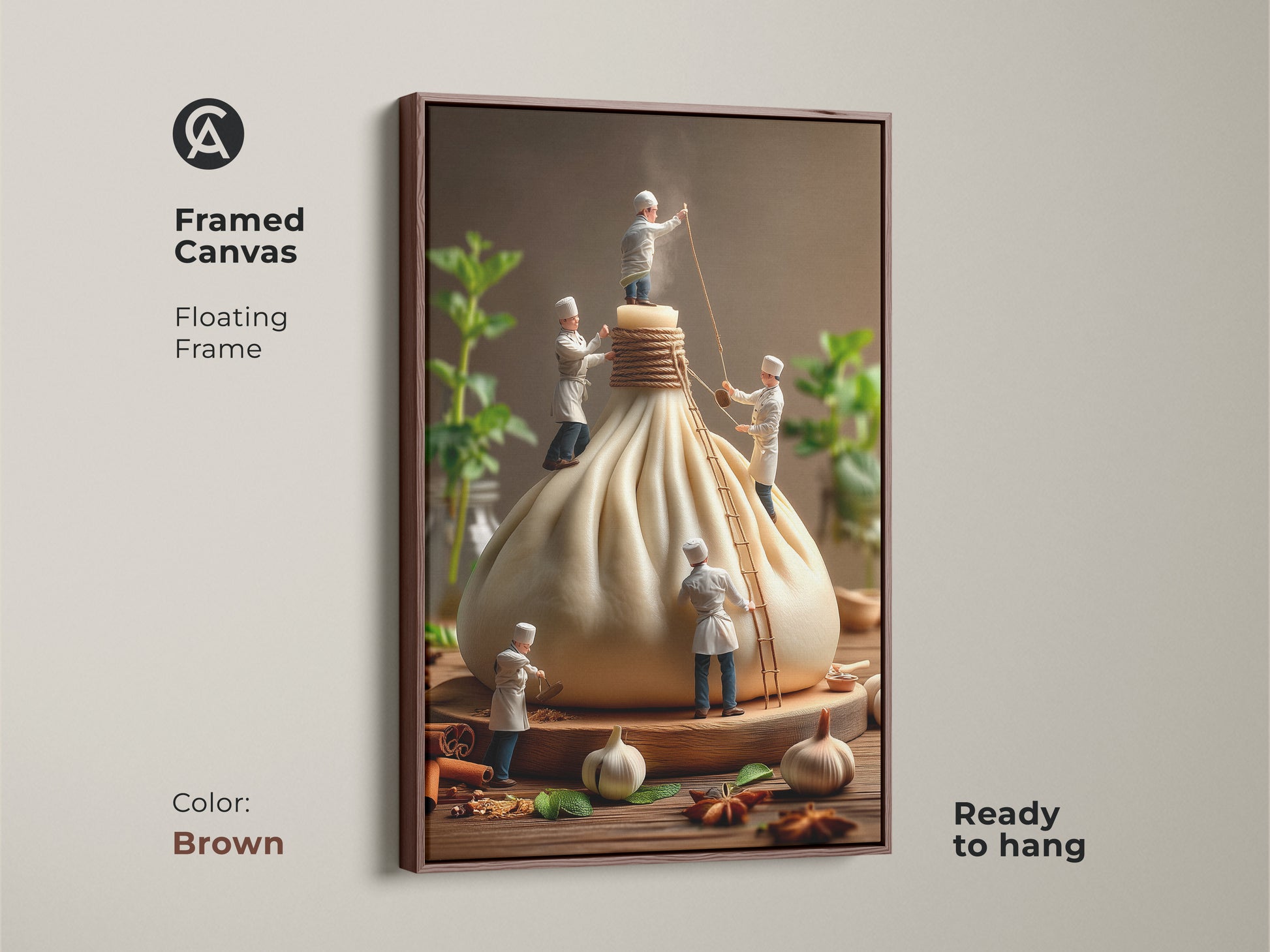 Brown framed canvas art of tiny chefs crafting a giant dumpling. This floating frame adds warmth to the culinary artwork. The print is ready to hang and brings a cozy feel to your kitchen wall decor.