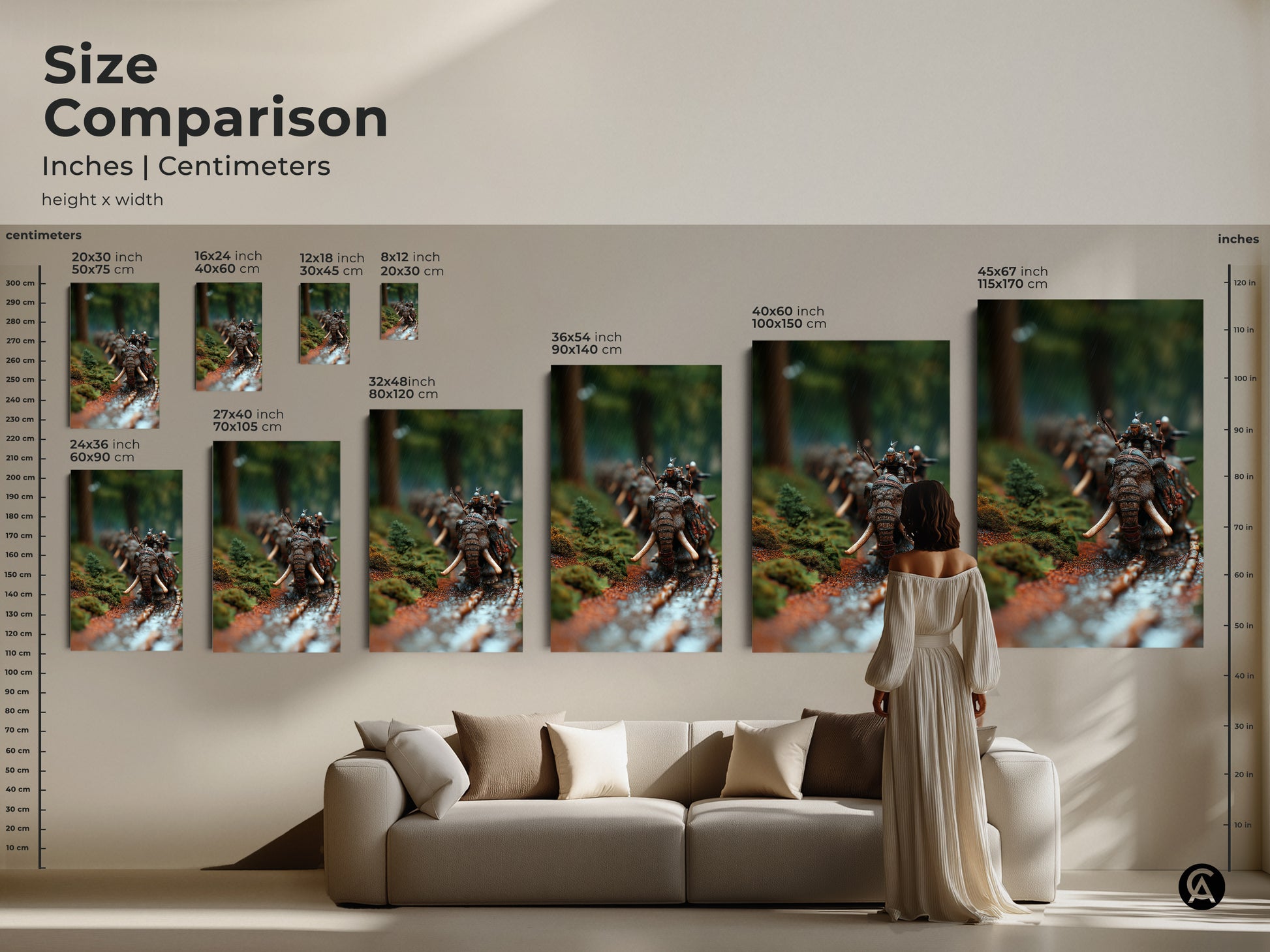 Compare sizes of dark fantasy elephant artwork. See how each canvas or poster fits above a couch. Envision the warrior riding an elephant in a forest battle scene in your living room. Find the perfect size for your eclectic decor. Sizes range from small to large.