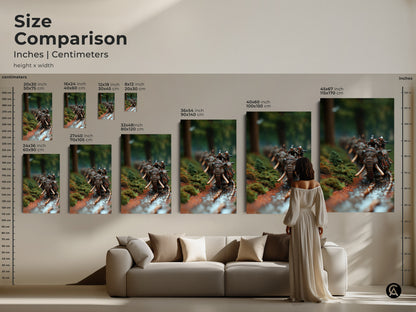 Compare sizes of dark fantasy elephant artwork. See how each canvas or poster fits above a couch. Envision the warrior riding an elephant in a forest battle scene in your living room. Find the perfect size for your eclectic decor. Sizes range from small to large.