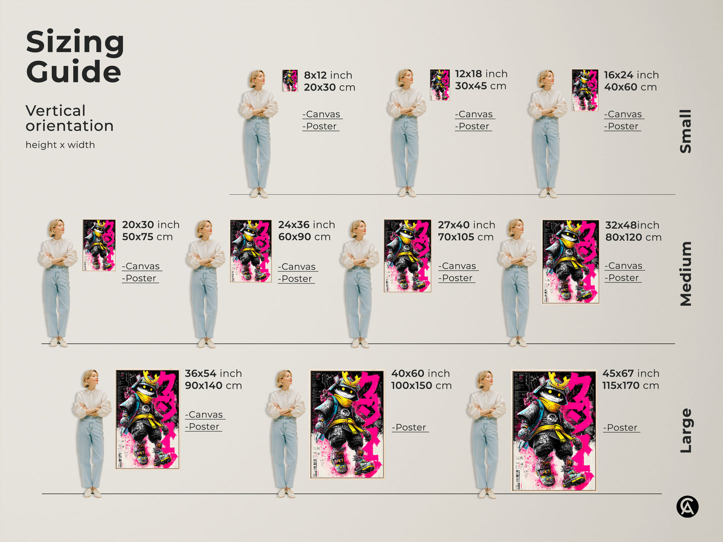 Sizing guide for Samurai Cat artwork. Vertical orientation height x width. Available as canvas or poster in sizes from 8x12 to 45x67 inches. Artwork features a cat dressed as a samurai warrior. Find the perfect size for your space.