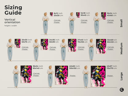 Sizing guide for Samurai Cat artwork. Vertical orientation height x width. Available as canvas or poster in sizes from 8x12 to 45x67 inches. Artwork features a cat dressed as a samurai warrior. Find the perfect size for your space.