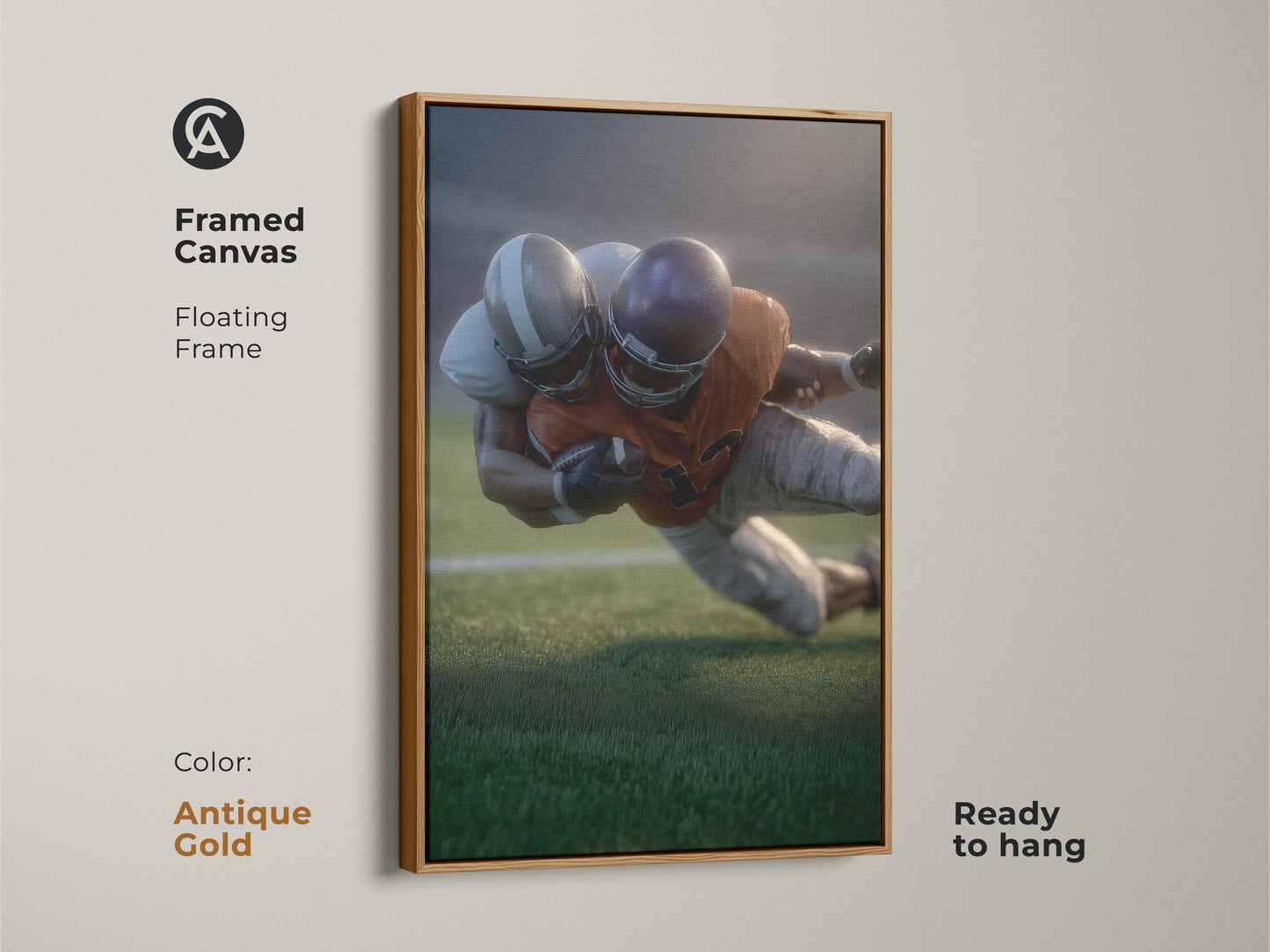 This framed canvas features realistic football artwork with a floating antique gold frame. The sports action wall art is ready to hang. It enhances office decor or a man cave with a touch of modern sports art. An excellent gift for football fans and collectors of dynamic action art.