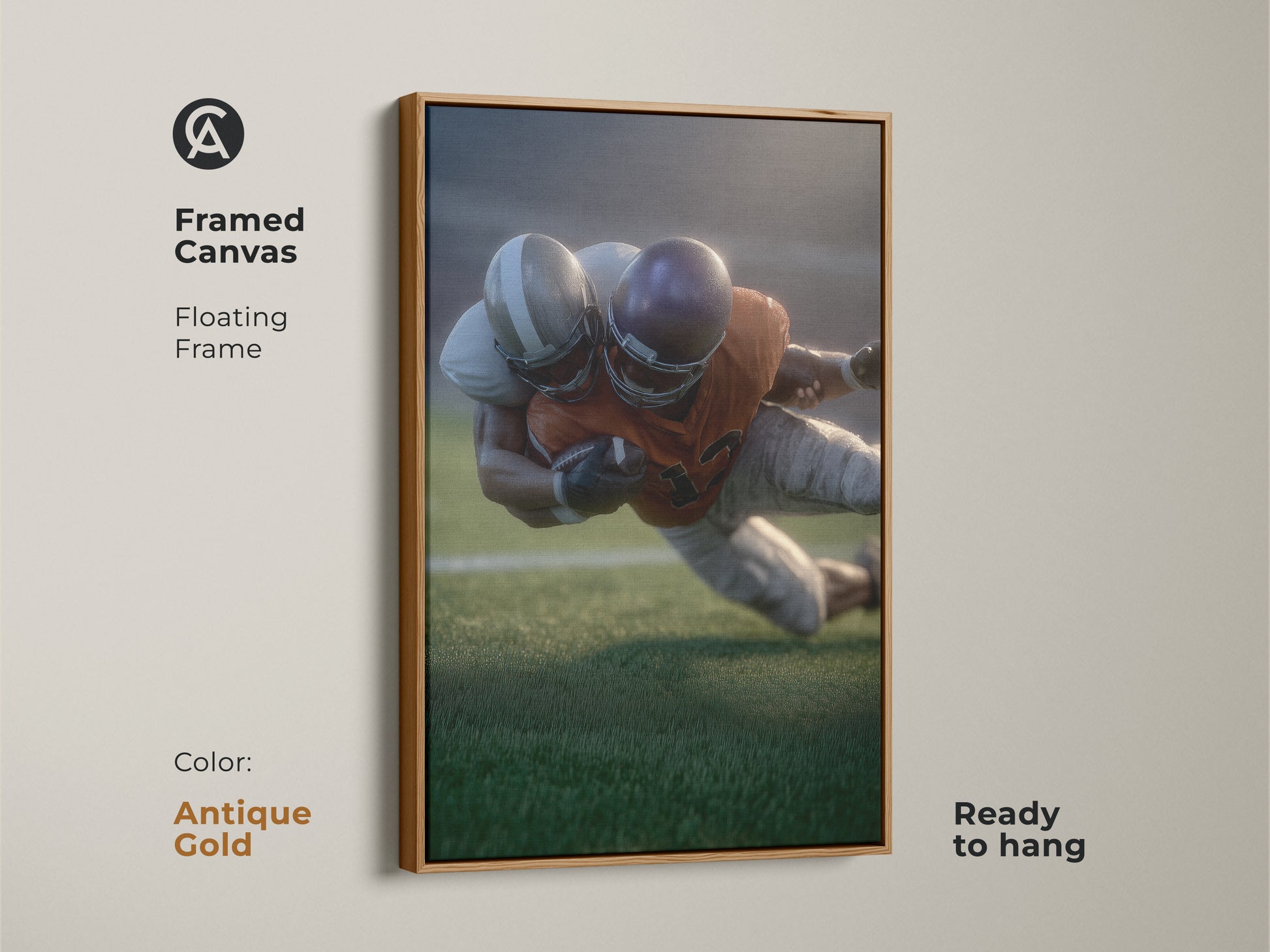 This framed canvas features realistic football artwork with a floating antique gold frame. The sports action wall art is ready to hang. It enhances office decor or a man cave with a touch of modern sports art. An excellent gift for football fans and collectors of dynamic action art.