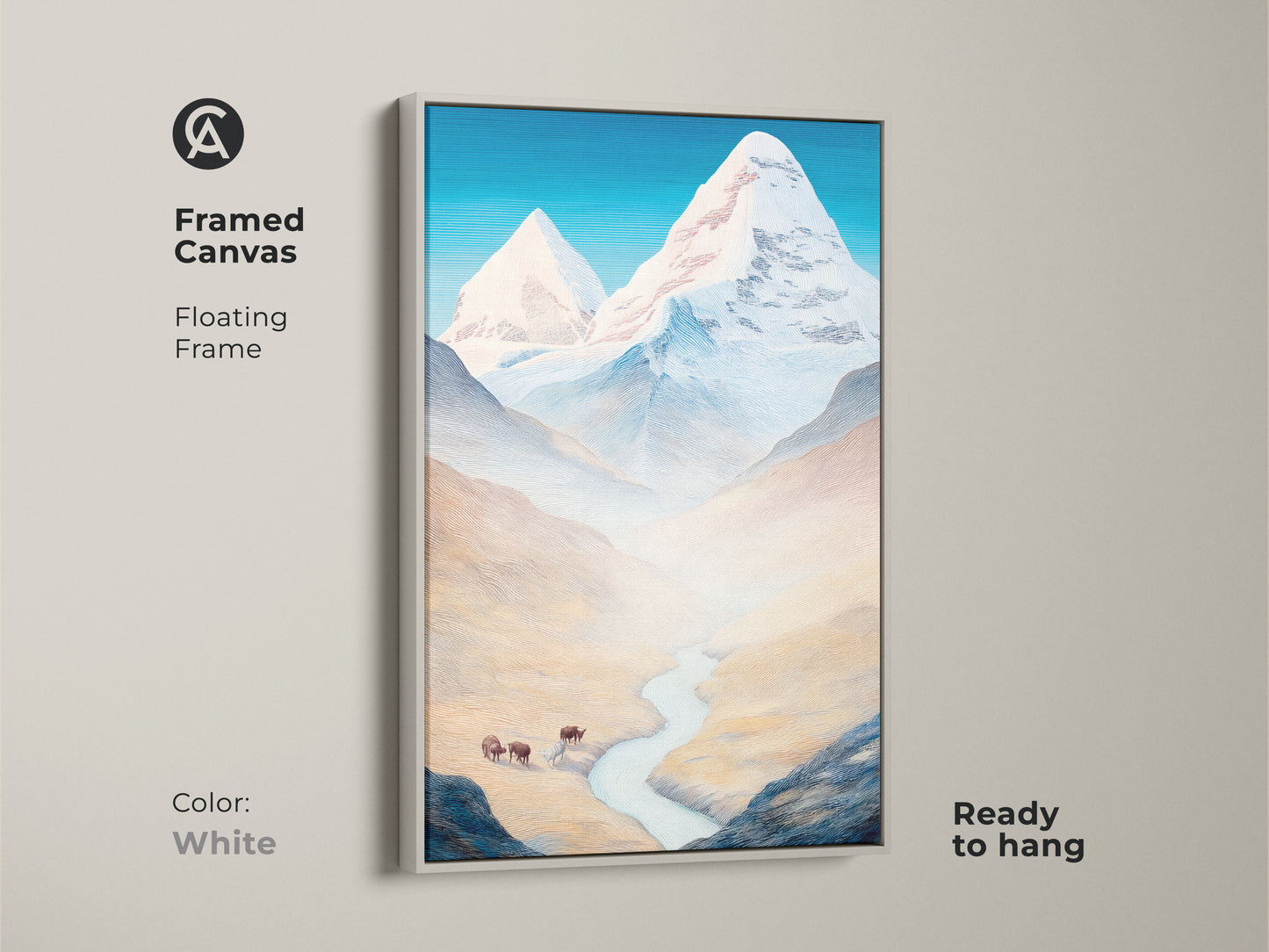Framed Canvas featuring Mountain Bison Artwork with a white floating frame providing a clean modern look. This stylized landscape print captures a beautiful blue sky and mountain scene. An excellent housewarming gift and bedroom landscape art.