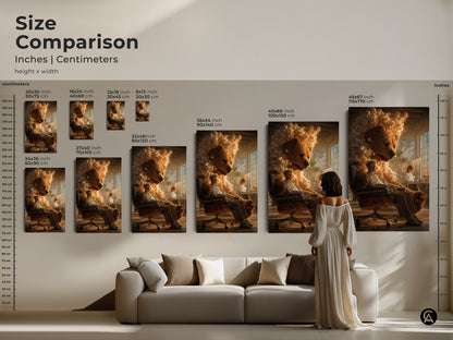 Size comparison of surreal bear man prints in inches and centimeters. See how the artwork fits with various furniture. Ideal for eclectic homes offices this art is a thoughtful gift. Enhance your wall with golden brown decor.