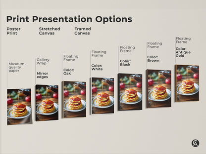 Explore print presentation options for pancake art. Choose from poster prints stretched canvas and framed canvas. Each option enhances the food photography. Frame colors include oak white black brown and antique gold. Find the perfect style for your kitchen wall.