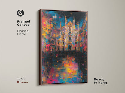 Framed canvas art showcasing the Milan Cathedral. The floating frame complements the artwork. The brown frame enhances the colorful art. The canvas is ready to hang. Perfect for any room.